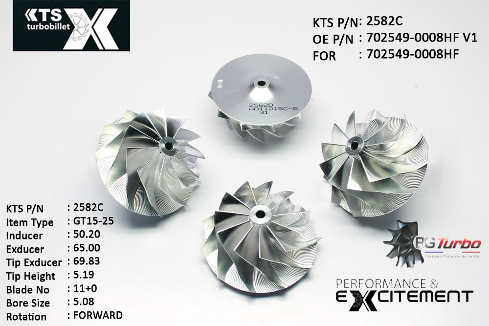 Turbo ROUE FORGÉE MFS PERFORMANCE - 11+0 PALES - INDUCER : 50,198 - EXDUCER : 65 - TYPE : GT15-25ANGLE : 60° - ROTATION : Forward - SUPER BACK : 3,68 - BORE SIZE : 5,08
